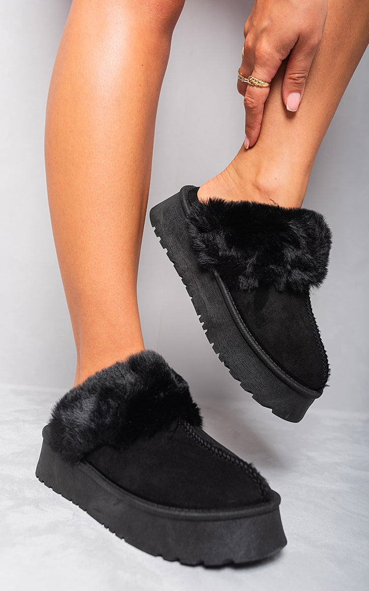 Faux Fur Trim Whisp Chunky Platform Slippers - Black River UK