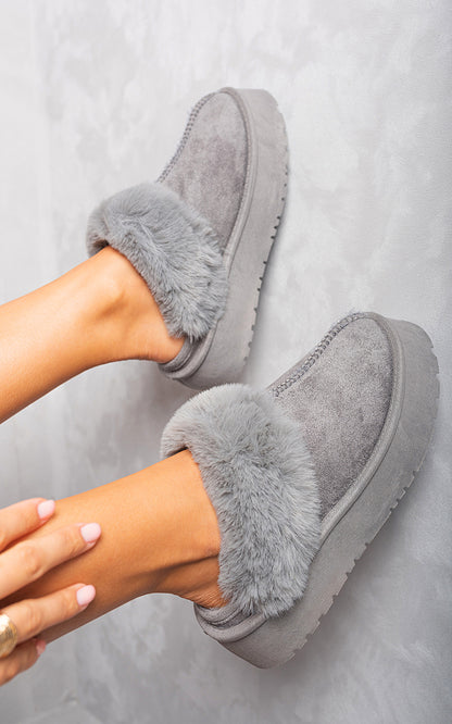 Faux Fur Trim Whisp Chunky Platform Slippers - Black River UK