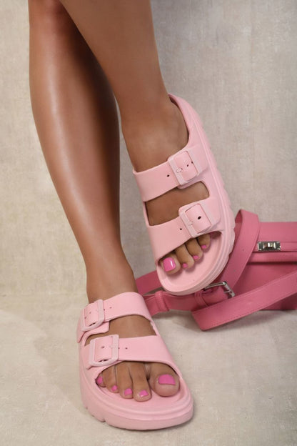 Double Strap Chunky Slide Sandals - Black River UK