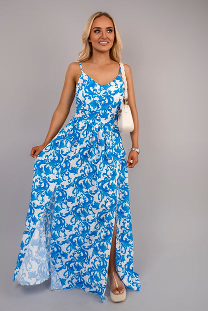 V Neck Spaghetti Strap Maxi Dress with All Over Print - Black River UK