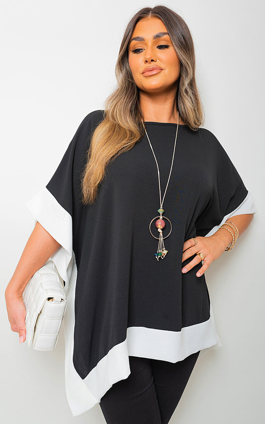 Oversized Contrast Hem Flare Sleeve Top - Black River UK