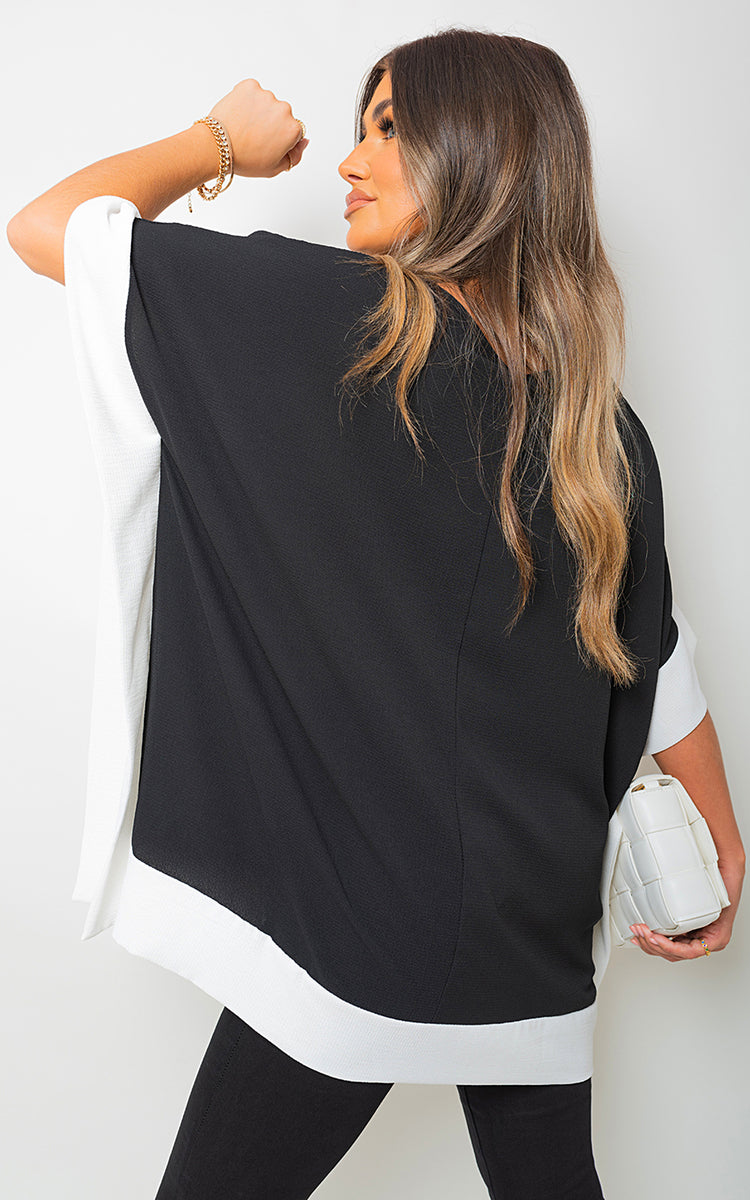 Oversized Contrast Hem Flare Sleeve Top - Black River UK