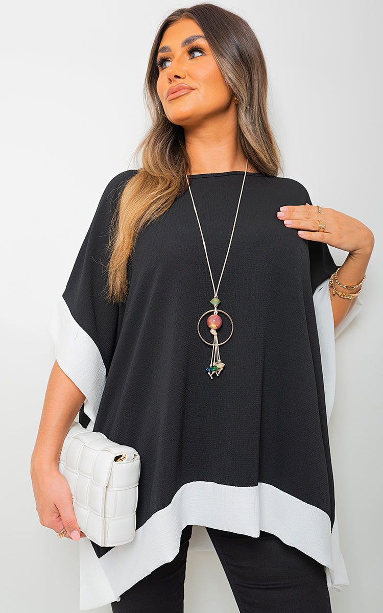 Oversized Contrast Hem Flare Sleeve Top - Black River UK
