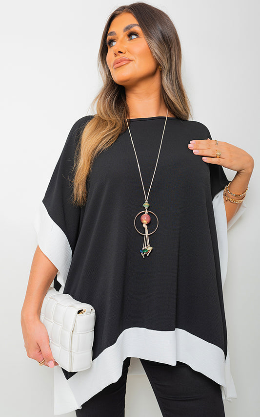 Oversized Contrast Hem Flare Sleeve Top - Black River UK