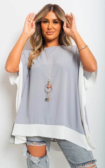 Oversized Contrast Hem Flare Sleeve Top - Black River UK