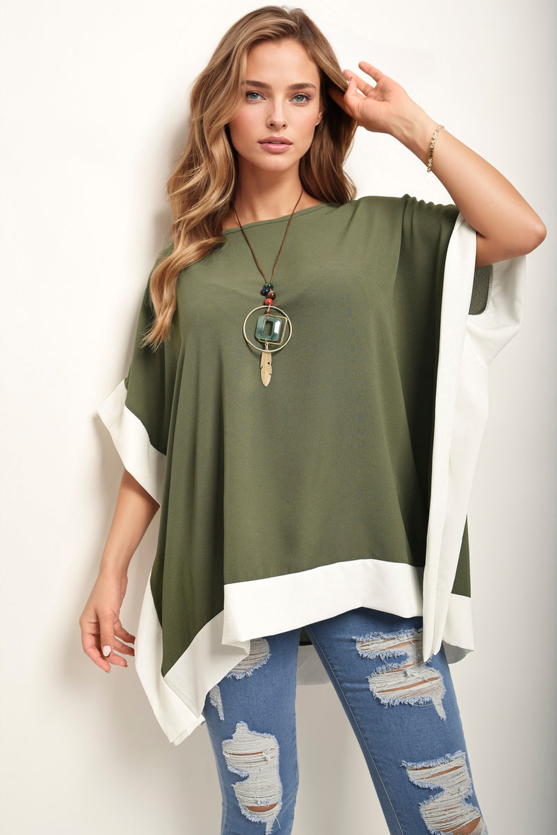 Oversized Contrast Hem Flare Sleeve Top - Black River UK