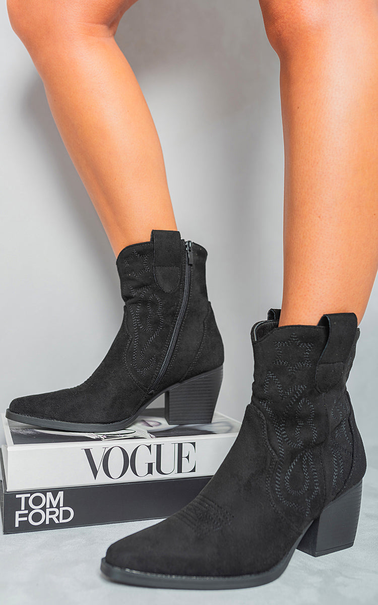 Suede Cowboy Ankle Length Boots - Black River UK