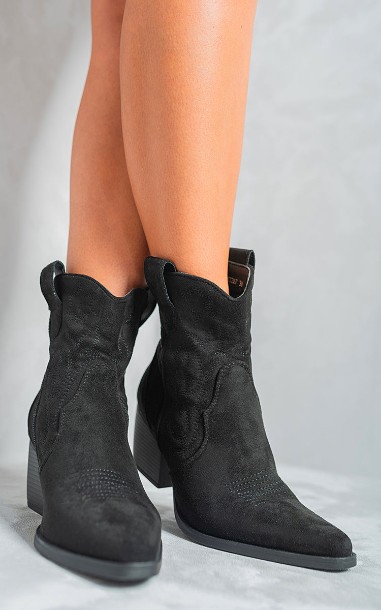 Suede Cowboy Ankle Length Boots - Black River UK