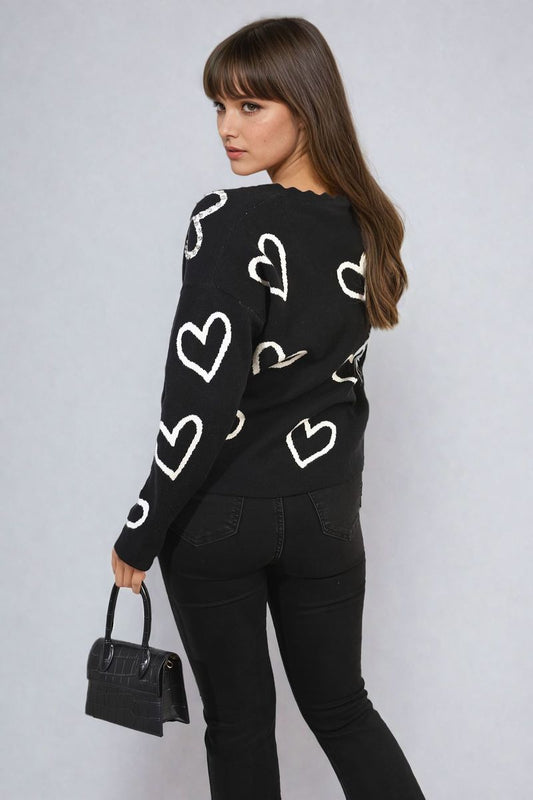 V-neck Embellished Hearts Long Sleeve Knitted Jumper - Black River UK