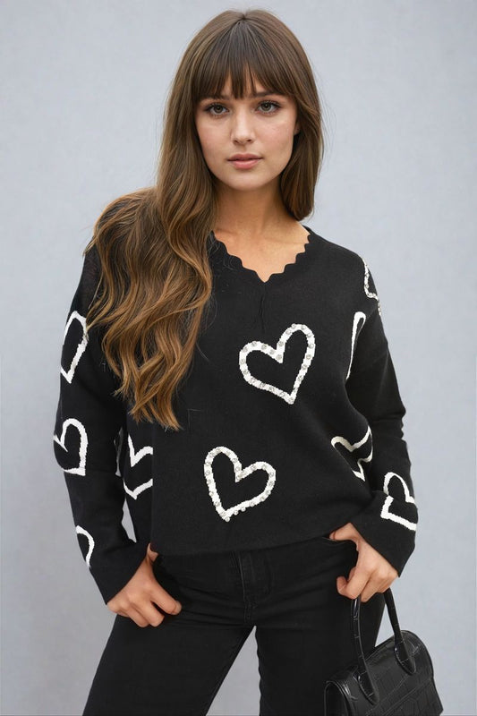 V-neck Embellished Hearts Long Sleeve Knitted Jumper - Black River UK
