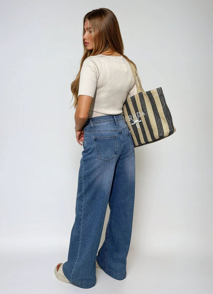 High Waisted Wide Leg Jeans - Black River UK