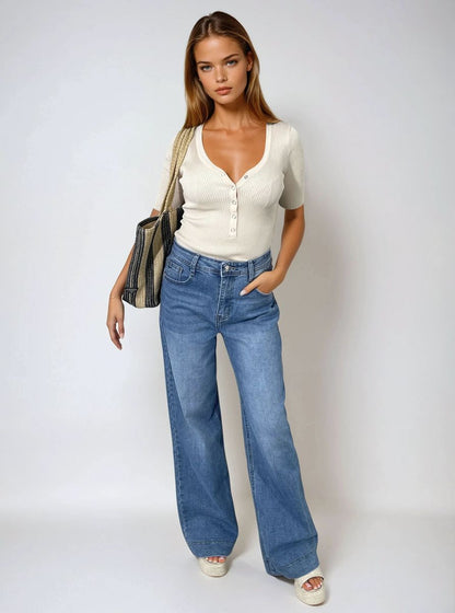 High Waisted Wide Leg Jeans - Black River UK