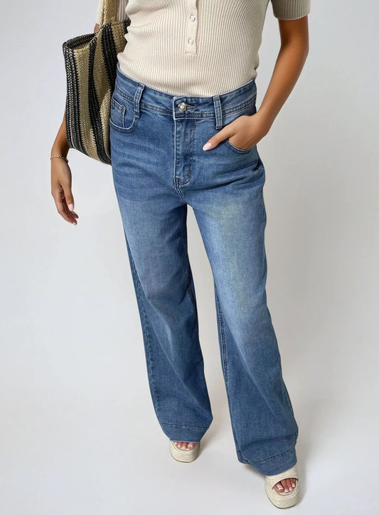 High Waisted Wide Leg Jeans - Black River UK