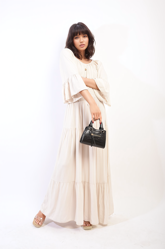 Ruffle Hem Sleeve Shirred Waist Tiered Maxi Dress - Black River UK