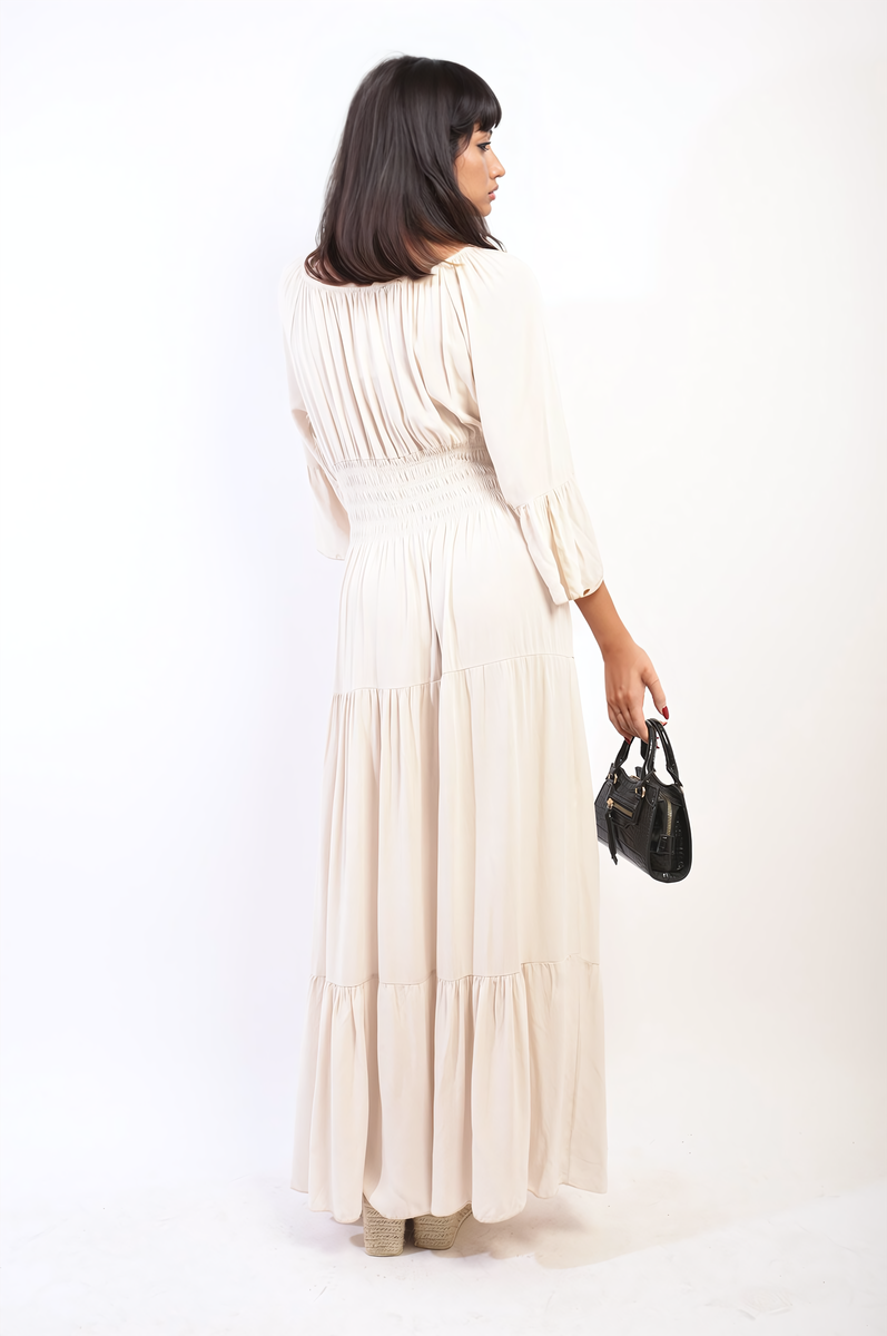 Ruffle Hem Sleeve Shirred Waist Tiered Maxi Dress - Black River UK