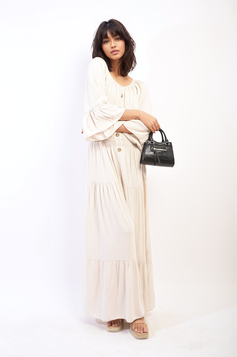 Ruffle Hem Sleeve Shirred Waist Tiered Maxi Dress - Black River UK