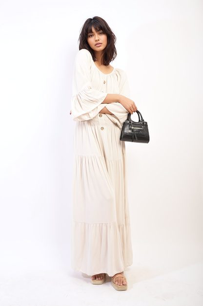 Ruffle Hem Sleeve Shirred Waist Tiered Maxi Dress - Black River UK