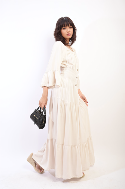 Ruffle Hem Sleeve Shirred Waist Tiered Maxi Dress - Black River UK