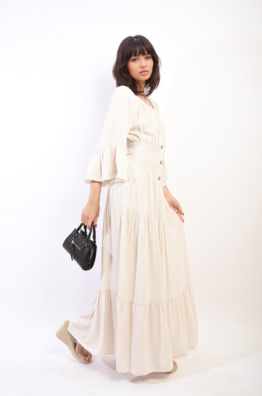 Ruffle Hem Sleeve Shirred Waist Tiered Maxi Dress - Black River UK
