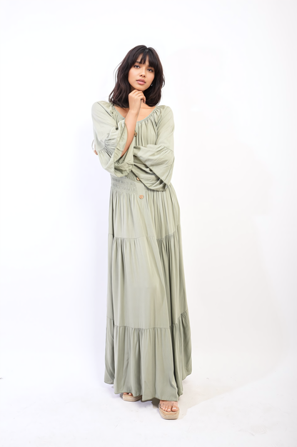 Ruffle Hem Sleeve Shirred Waist Tiered Maxi Dress - Black River UK