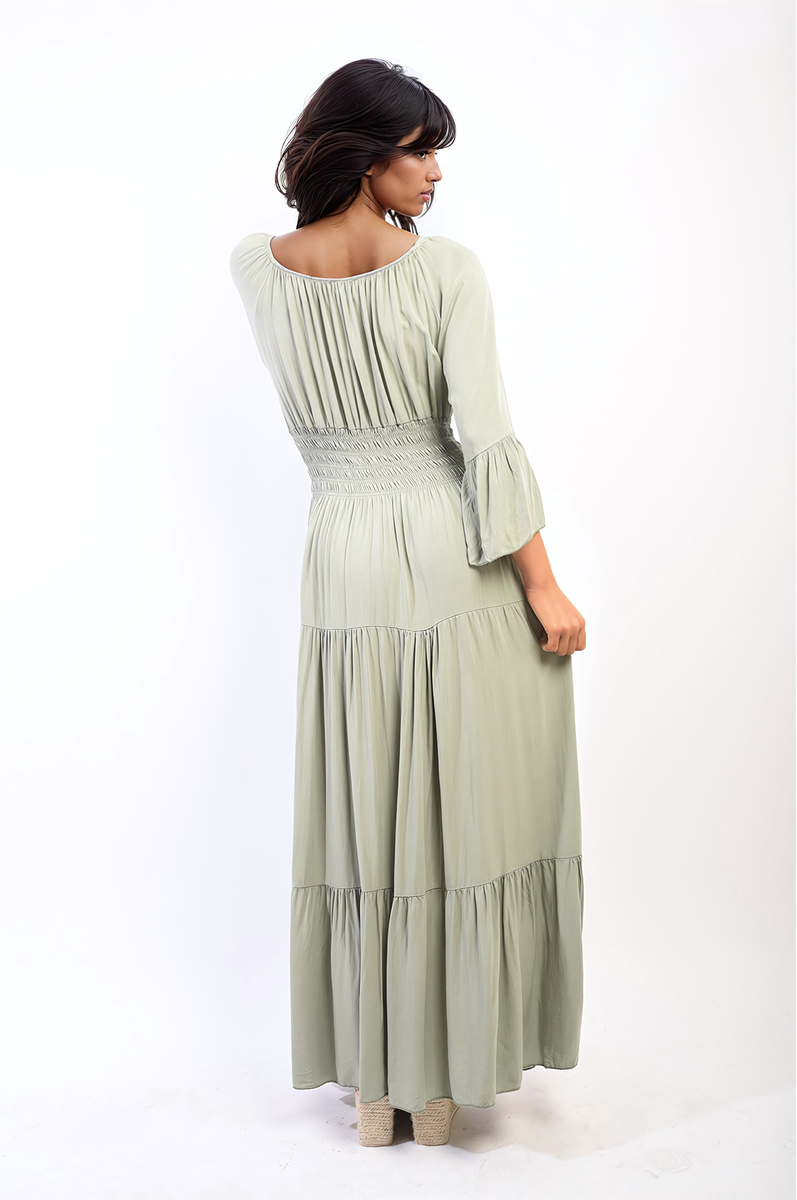 Ruffle Hem Sleeve Shirred Waist Tiered Maxi Dress - Black River UK
