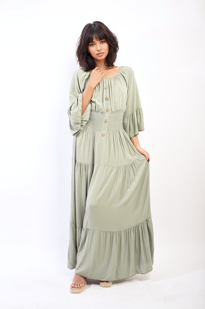 Ruffle Hem Sleeve Shirred Waist Tiered Maxi Dress - Black River UK