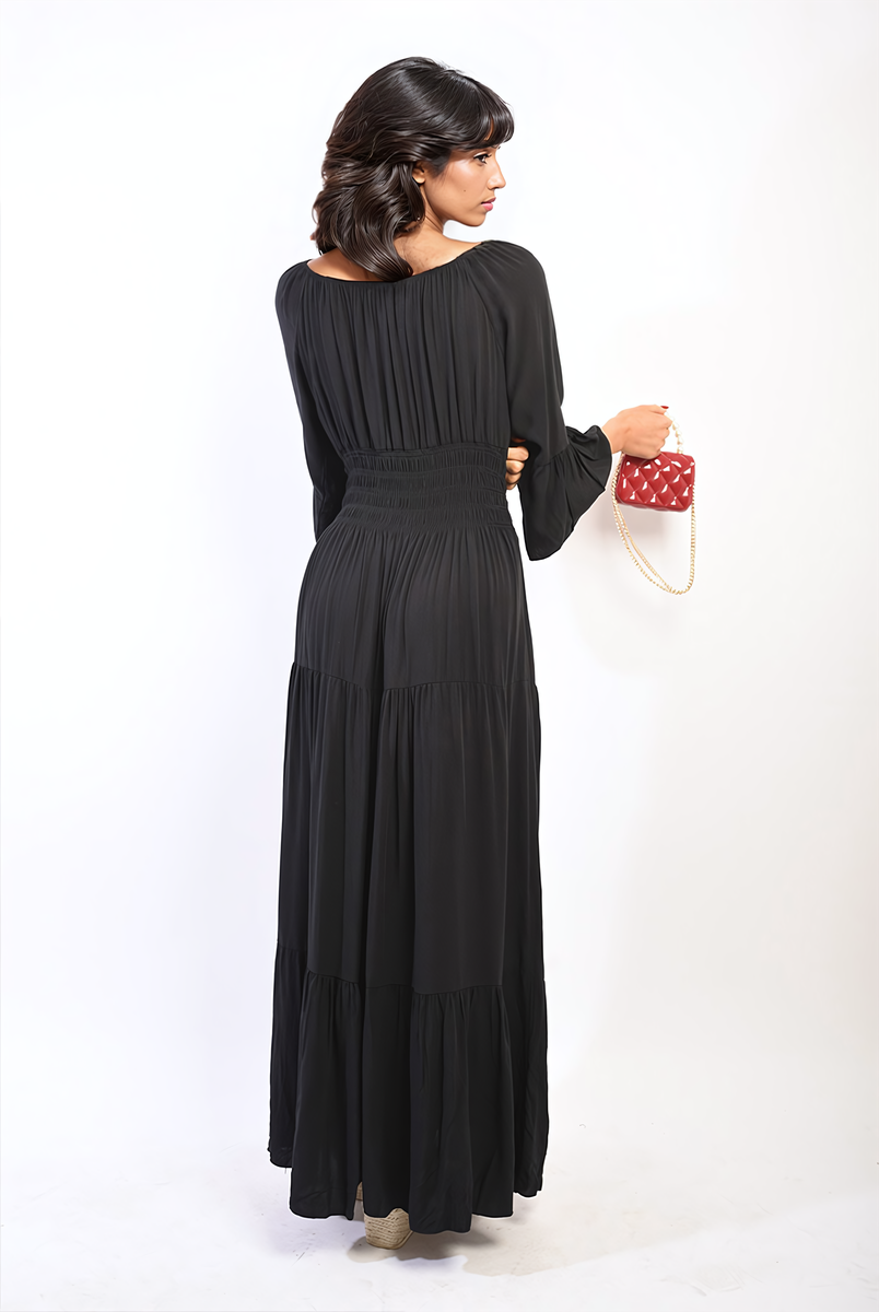 Ruffle Hem Sleeve Shirred Waist Tiered Maxi Dress - Black River UK