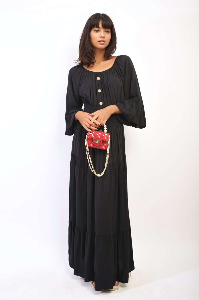Ruffle Hem Sleeve Shirred Waist Tiered Maxi Dress - Black River UK