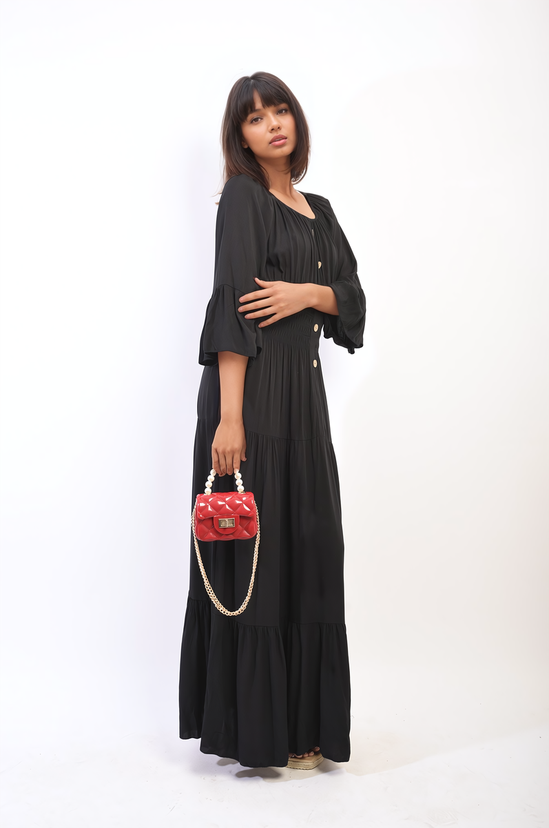 Ruffle Hem Sleeve Shirred Waist Tiered Maxi Dress - Black River UK