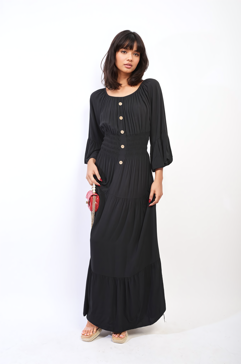 Ruffle Hem Sleeve Shirred Waist Tiered Maxi Dress - Black River UK