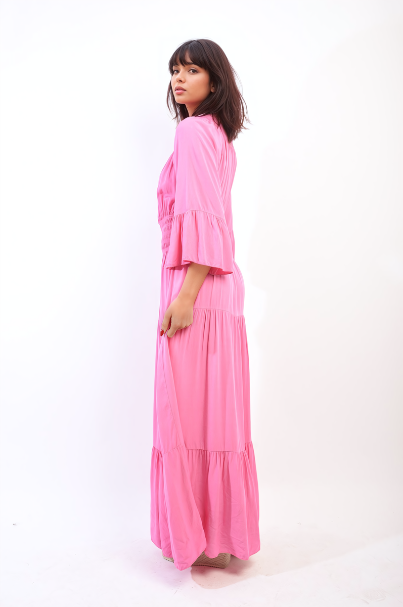 Ruffle Hem Sleeve Shirred Waist Tiered Maxi Dress - Black River UK