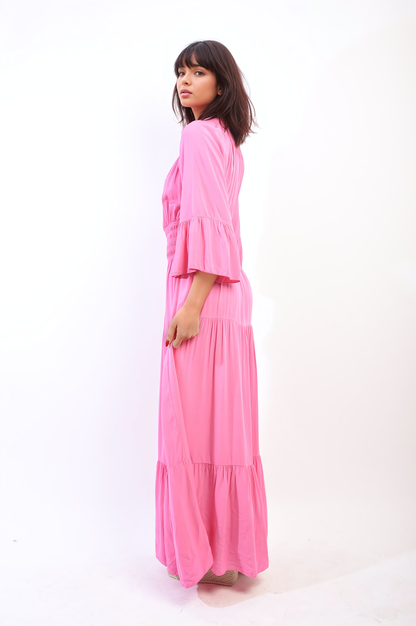Ruffle Hem Sleeve Shirred Waist Tiered Maxi Dress - Black River UK