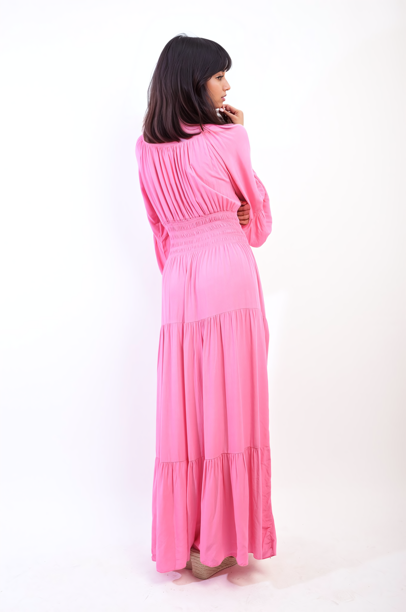 Ruffle Hem Sleeve Shirred Waist Tiered Maxi Dress - Black River UK