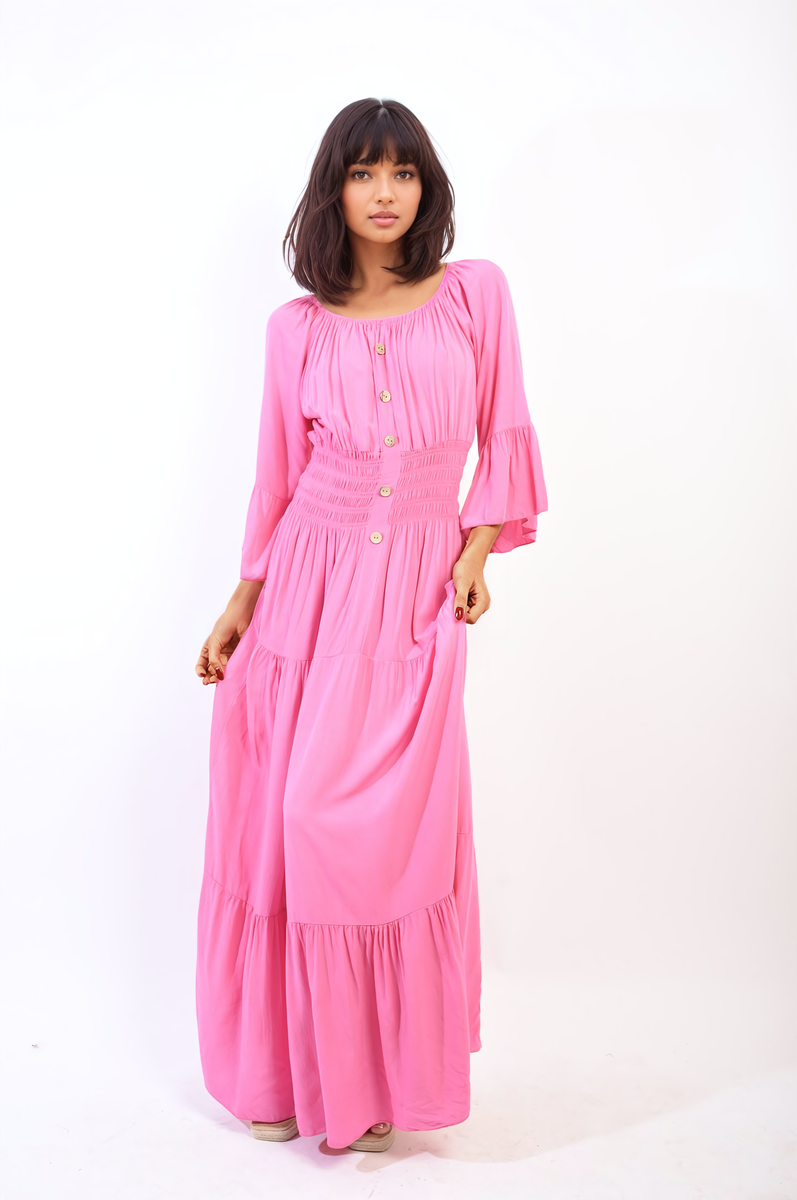 Ruffle Hem Sleeve Shirred Waist Tiered Maxi Dress - Black River UK
