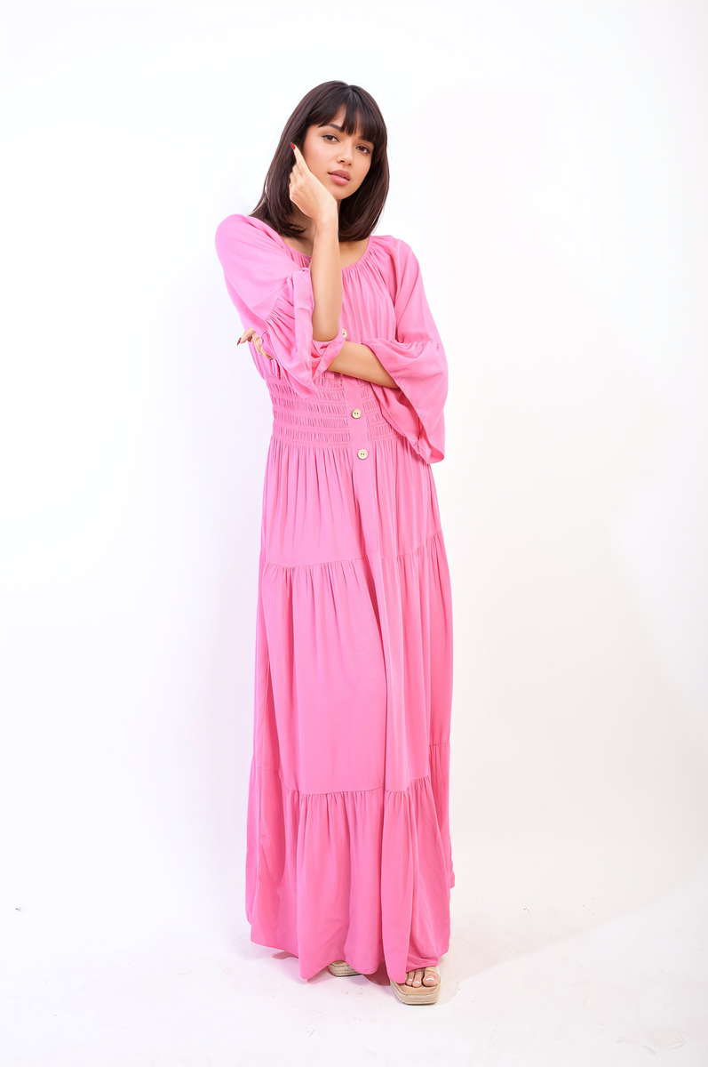 Ruffle Hem Sleeve Shirred Waist Tiered Maxi Dress - Black River UK