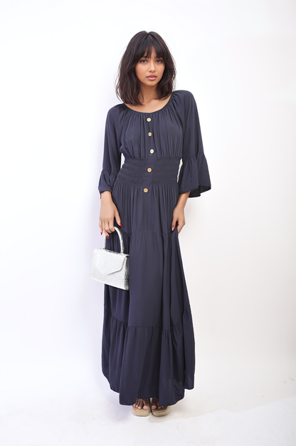 Ruffle Hem Sleeve Shirred Waist Tiered Maxi Dress - Black River UK