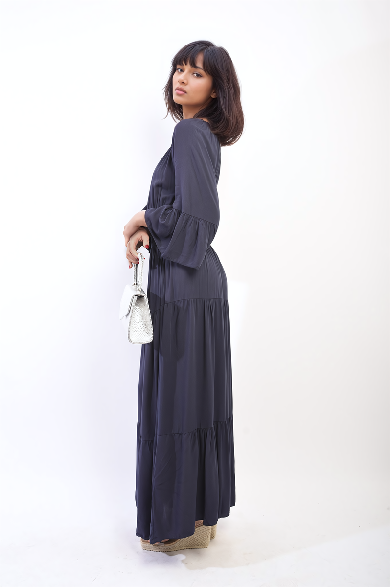 Ruffle Hem Sleeve Shirred Waist Tiered Maxi Dress - Black River UK