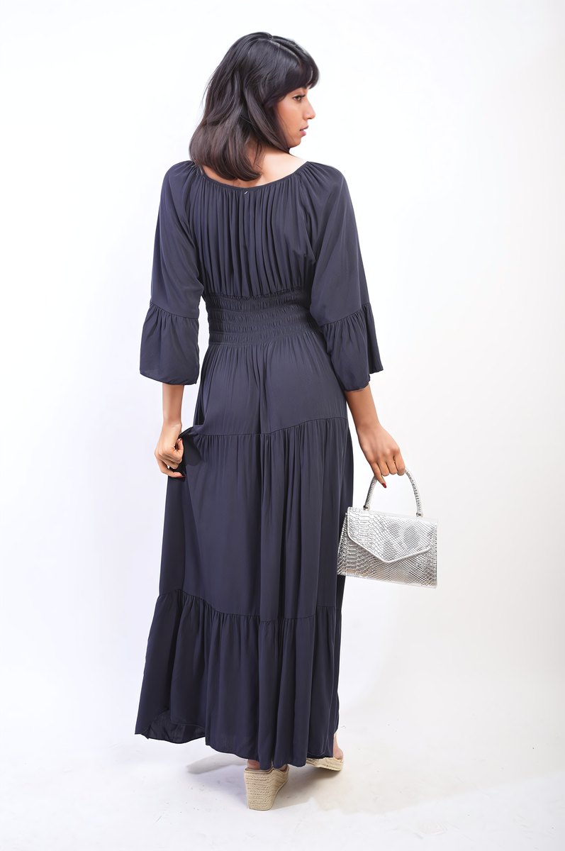 Ruffle Hem Sleeve Shirred Waist Tiered Maxi Dress - Black River UK