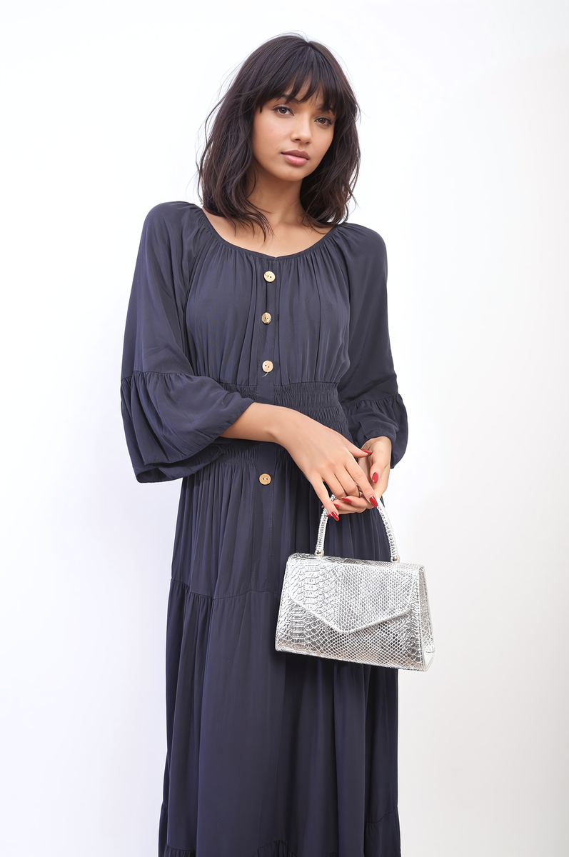 Ruffle Hem Sleeve Shirred Waist Tiered Maxi Dress - Black River UK