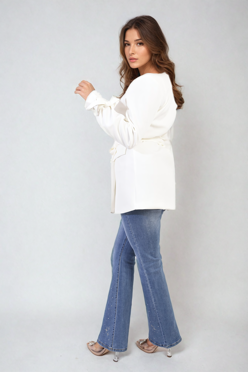 Collared Long Sleeve V-Neck Belted Blazer Jacket - Black River UK