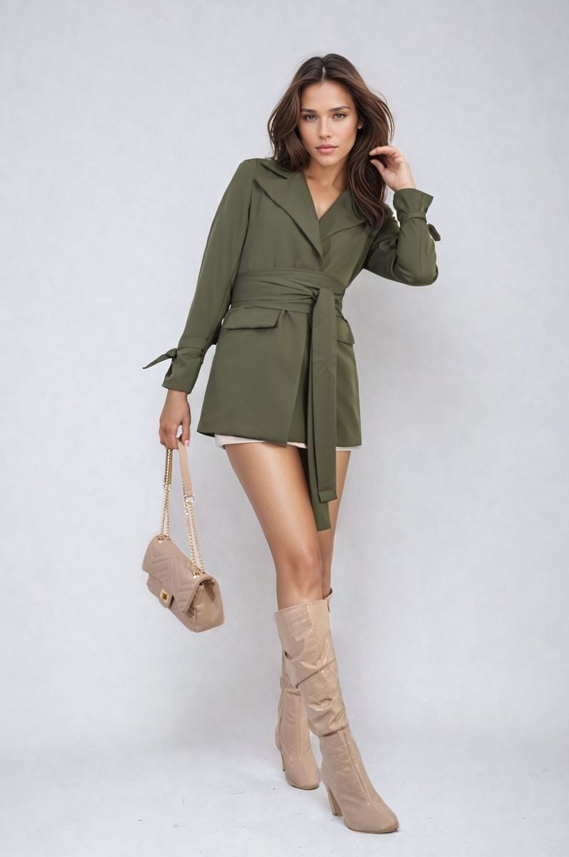 Collared Long Sleeve V-Neck Belted Blazer Jacket - Black River UK