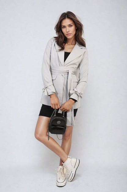 Collared Long Sleeve V-Neck Belted Blazer Jacket - Black River UK