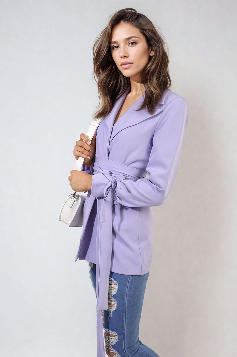 Collared Long Sleeve V-Neck Belted Blazer Jacket - Black River UK