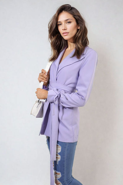 Collared Long Sleeve V-Neck Belted Blazer Jacket - Black River UK