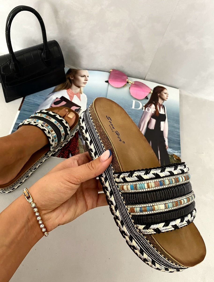 Thick Wedge Heel Braided Platform Sandals - Black River UK