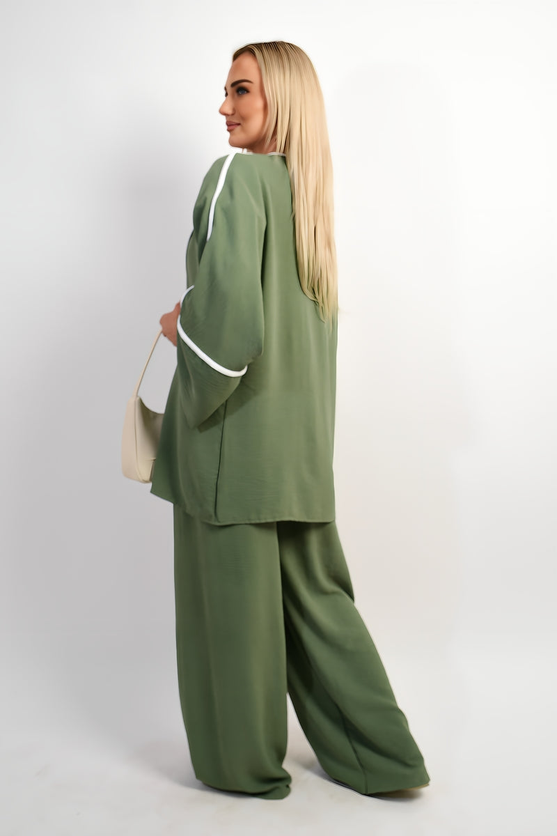 Contrast Trim Oversized Cardigan & Wide Leg Co-ord Set - Black River UK