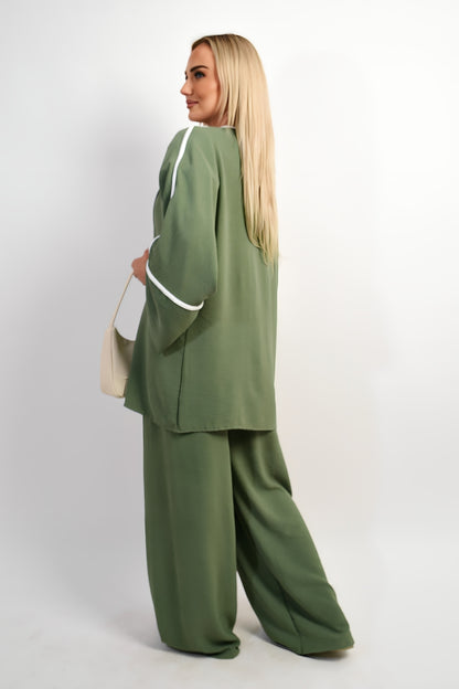 Contrast Trim Oversized Cardigan & Wide Leg Co-ord Set - Black River UK