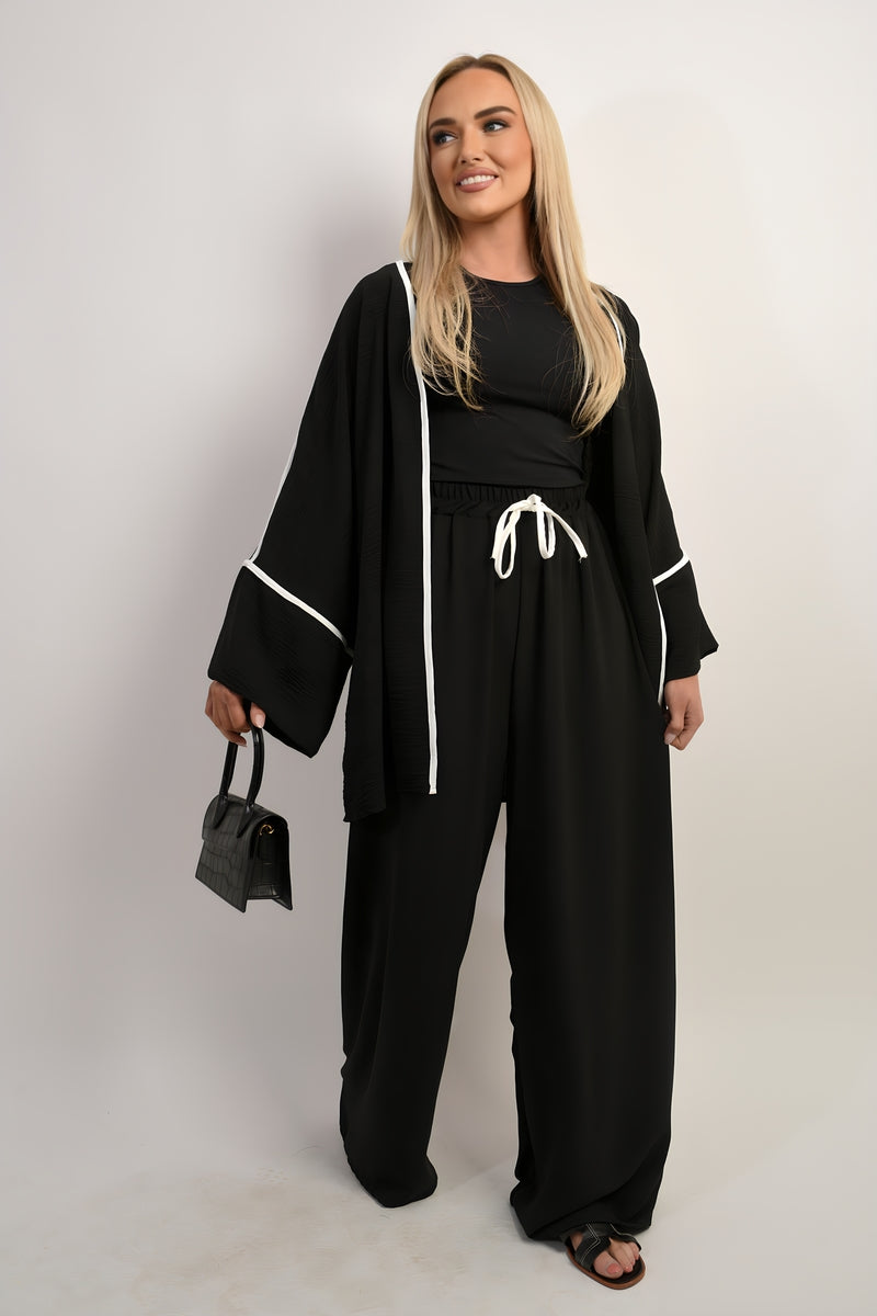 Contrast Trim Oversized Cardigan & Wide Leg Co-ord Set - Black River UK