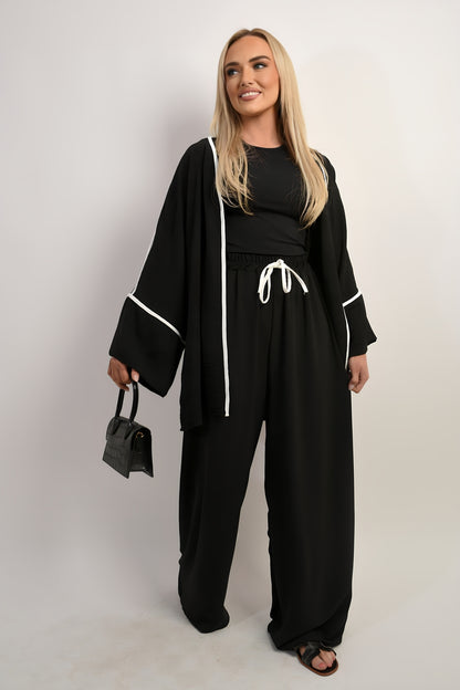 Contrast Trim Oversized Cardigan & Wide Leg Co-ord Set - Black River UK