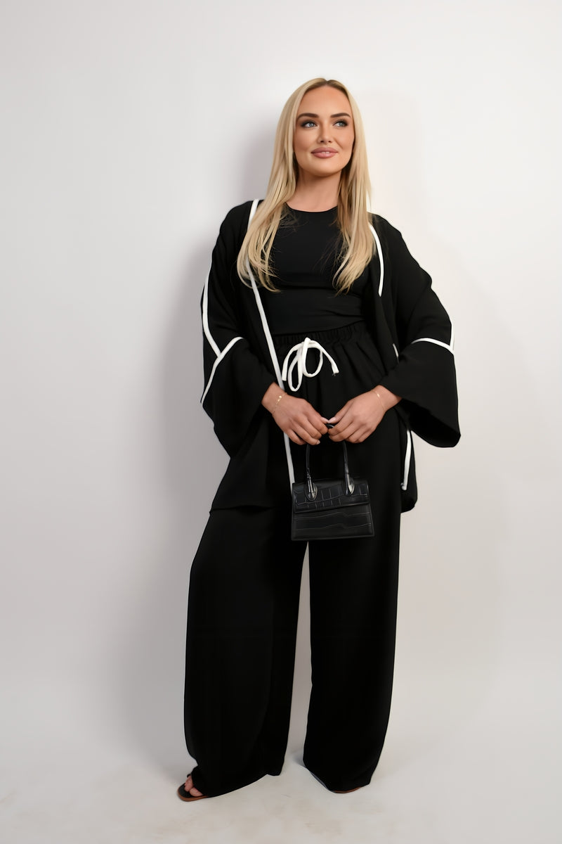 Contrast Trim Oversized Cardigan & Wide Leg Co-ord Set - Black River UK